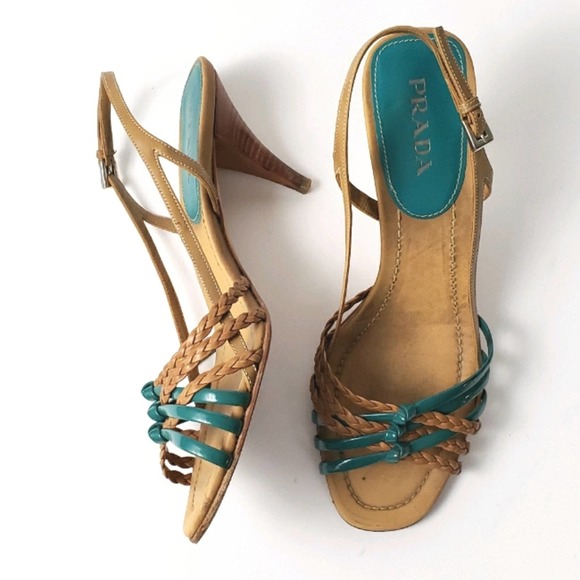 Prada Brown Braided Woven Leather Teal Green Rubber Strappy Sandals 37.5 - Picture 2 of 7